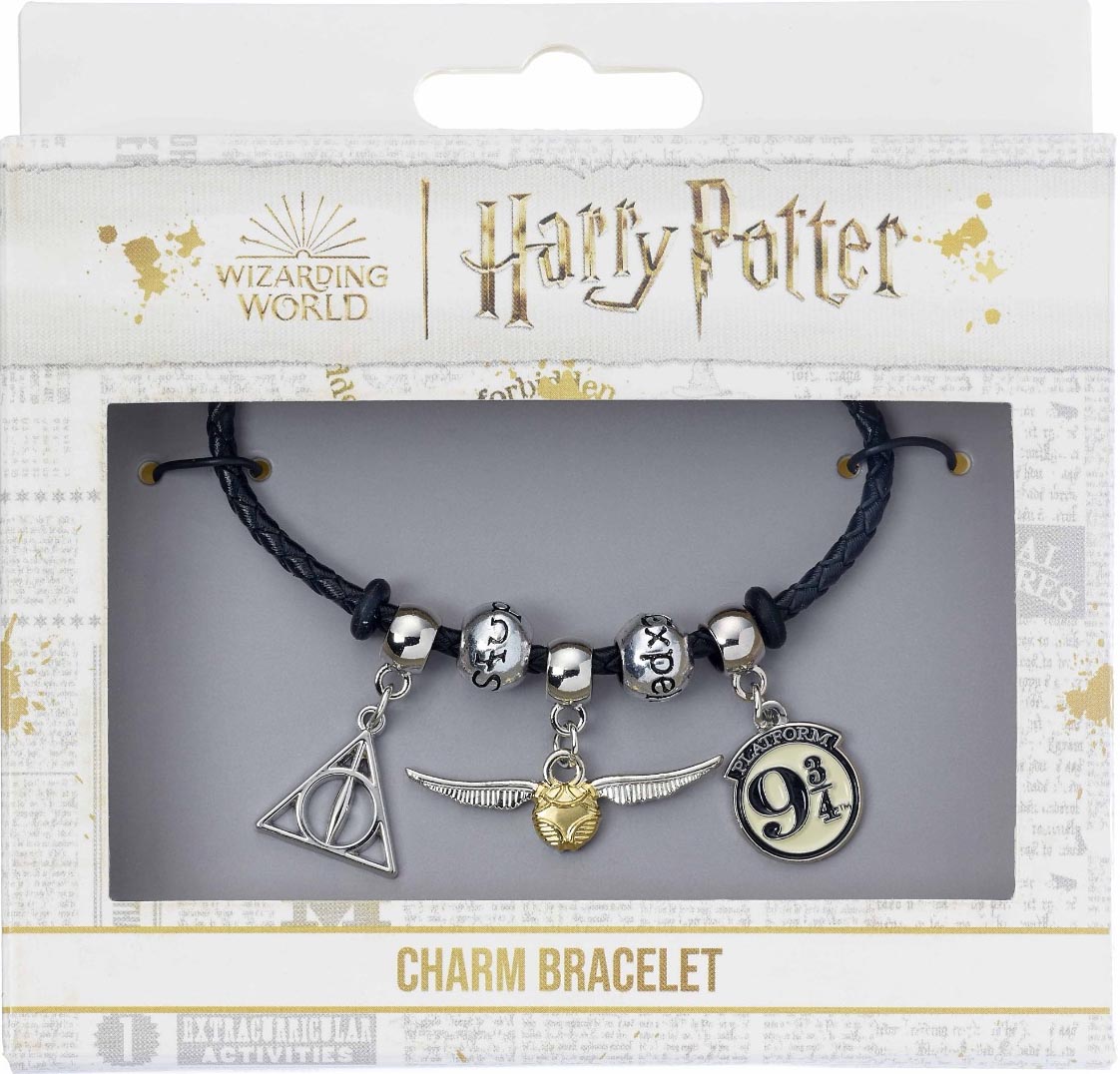 Harry Potter Bracelet And Charm Set- Deathly Hallows, Golden Snitch, Platform 9 ¾, 2 Spell Beads