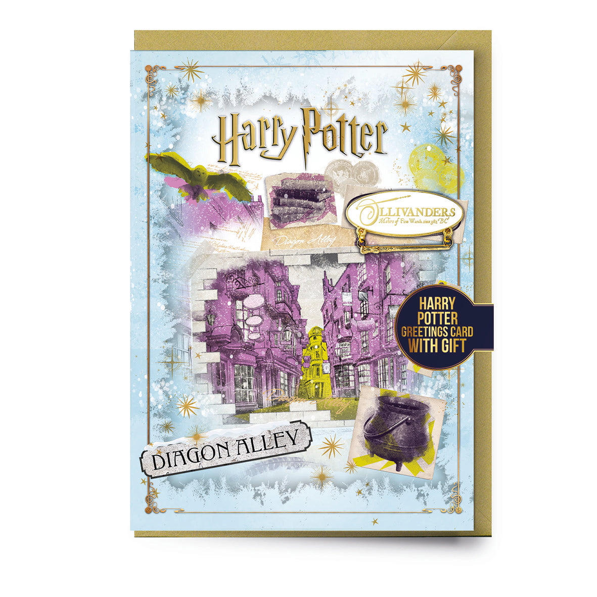 Harry Potter Diagon Alley Christmas Card With Ollivanders Sign Pin Badge
