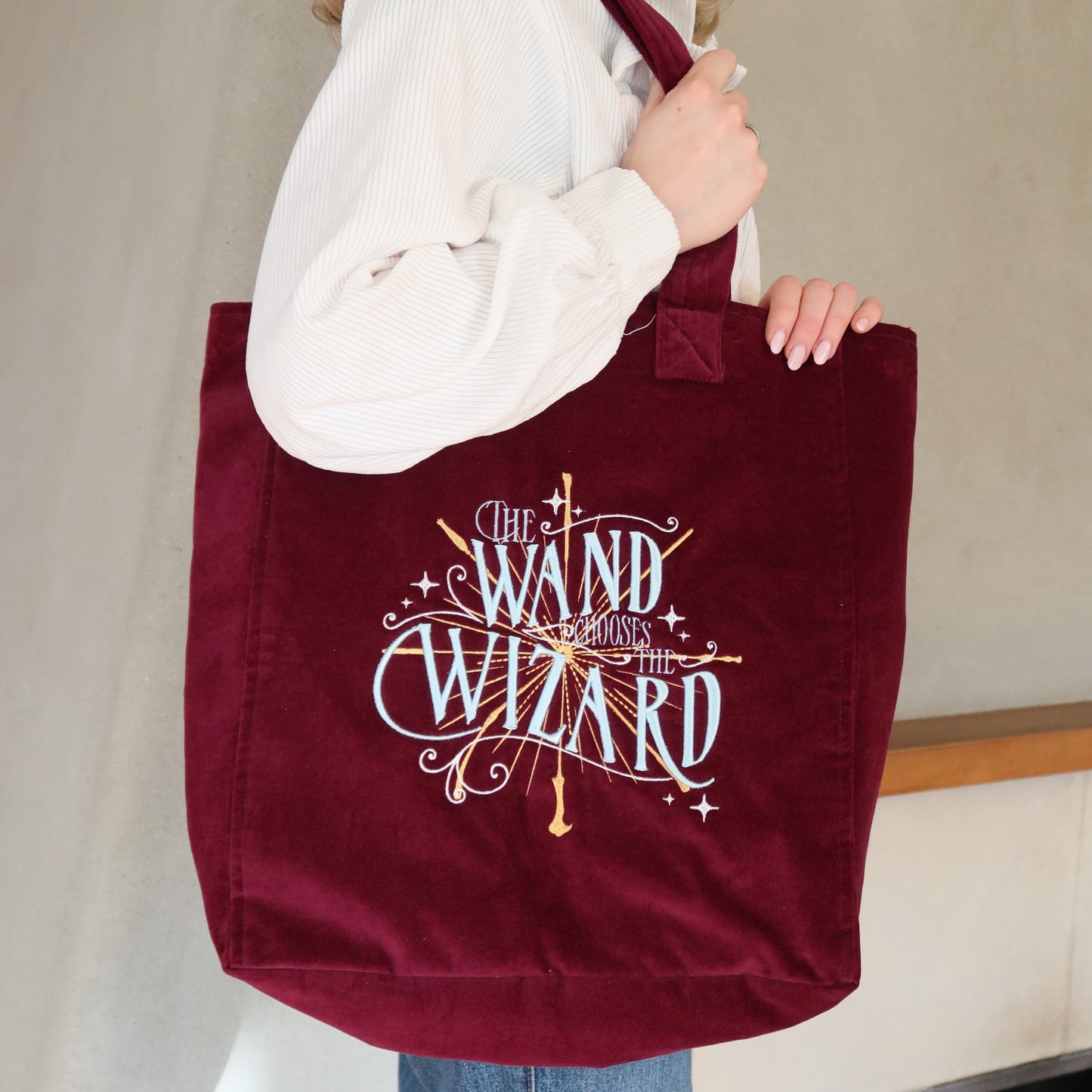 Harry Potter Wand Chooses The Wizard Embroidered Velvet Tote Bag