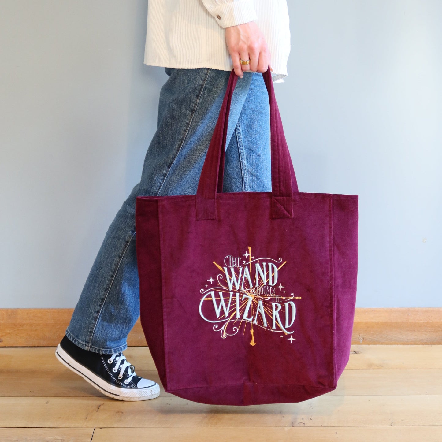 Harry Potter Wand Chooses The Wizard Embroidered Velvet Tote Bag