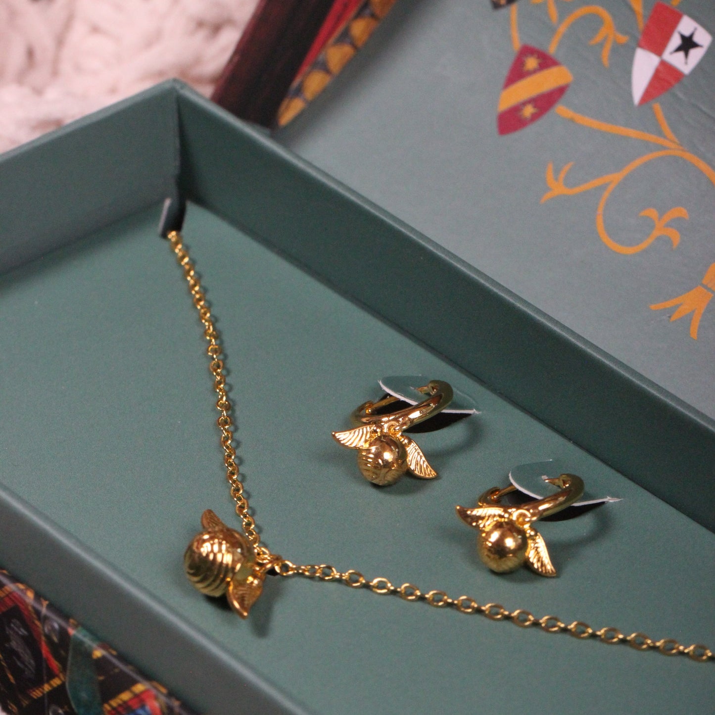 Harry Potter Quidditch Gift Set With Golden Snitch Necklace And Earrings