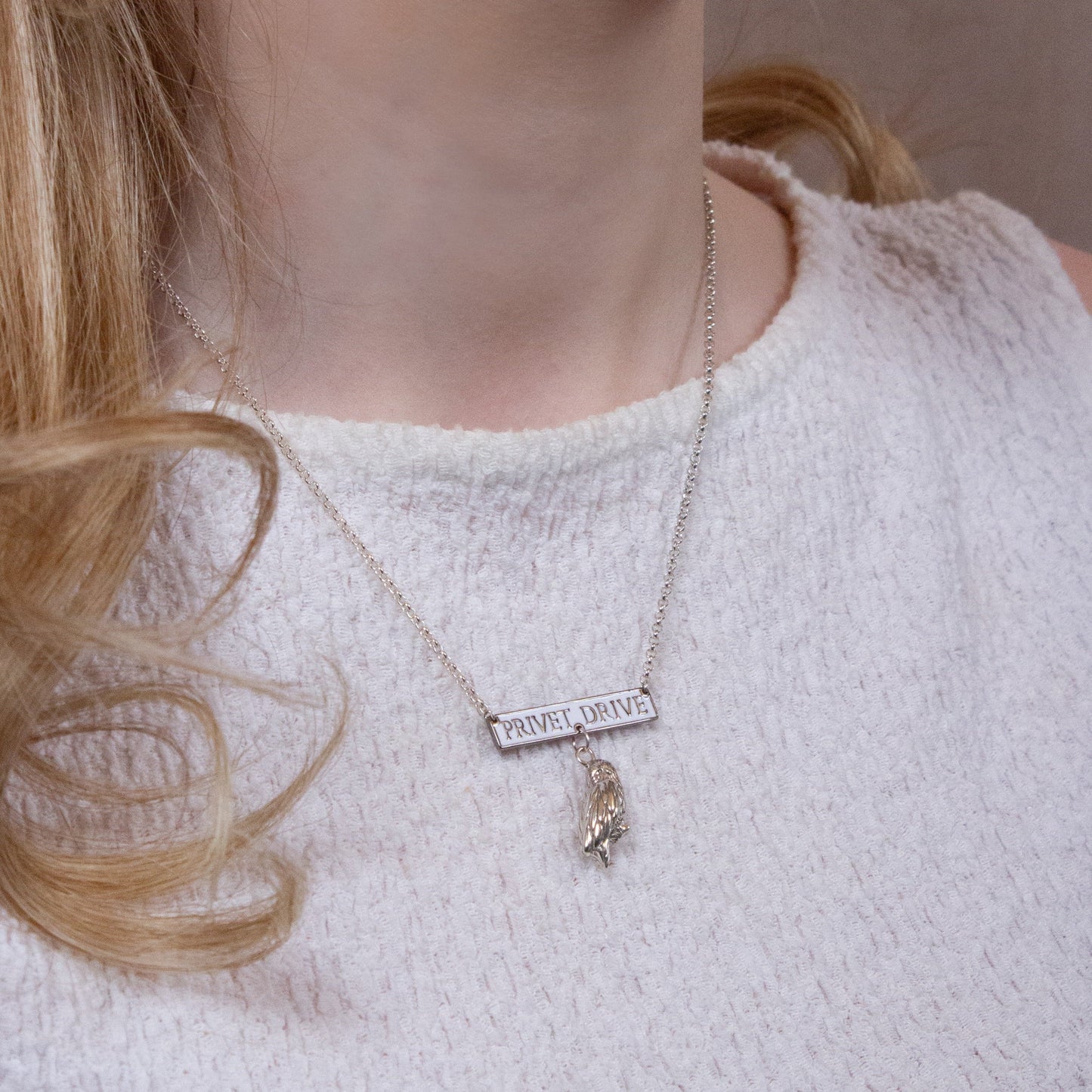 Harry Potter Privet Drive Sign With Hedwig The Owl Necklace - Sterling Silver