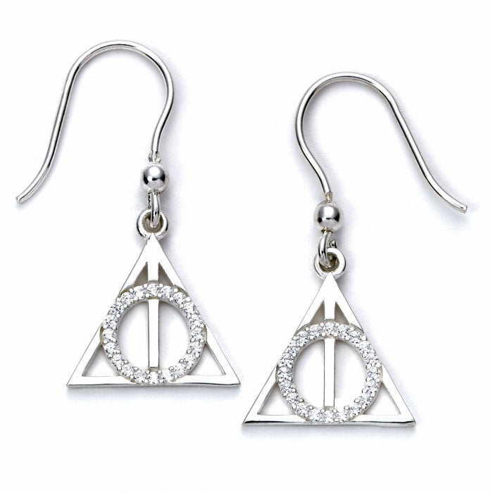 Harry Potter Deathly Hallows Drop Earrings - Sterling Silver With Crystals