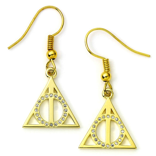 Harry Potter Gold Deathly Hallows Drop Earrings - Sterling Silver With Crystals