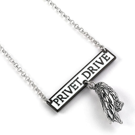 Harry Potter Privet Drive Sign With Hedwig The Owl Necklace - Sterling Silver