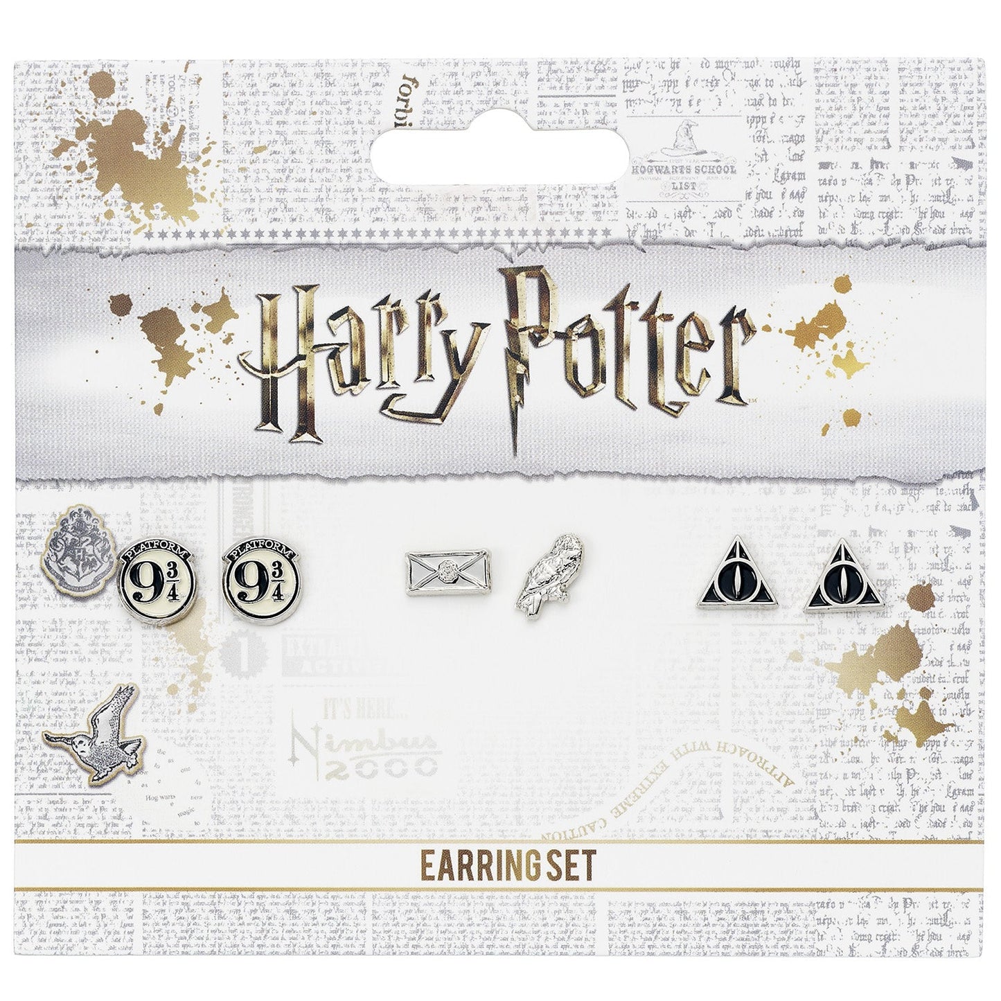 Harry Potter Stud Earring Set - Platform 9 ¾, Hedwig The Owl And Acceptance Letter, Deathly Hallows
