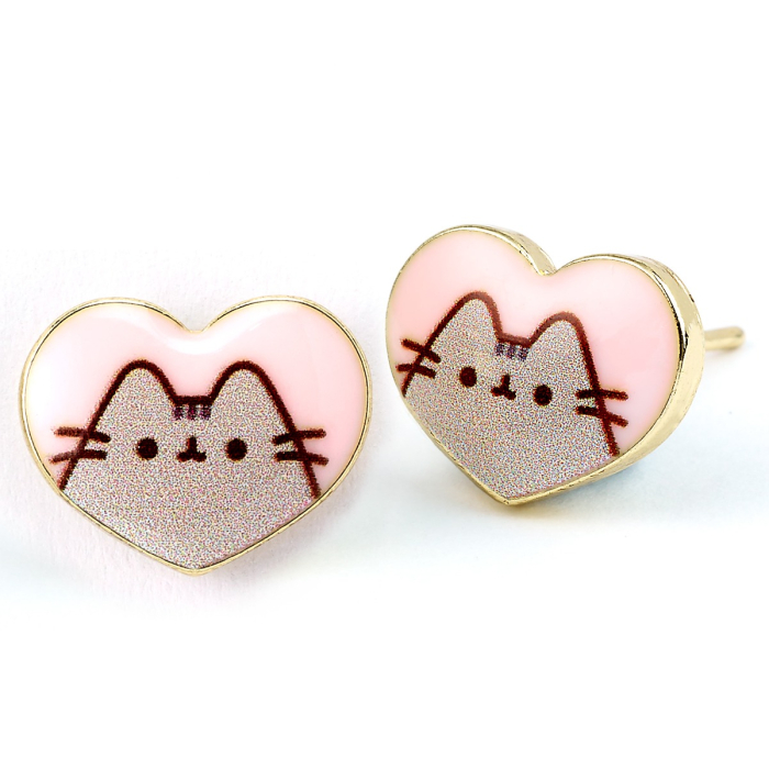 Pusheen the Cat Heart Shaped Stud Earrings Gold