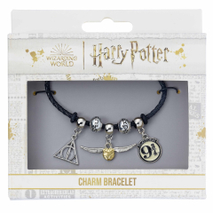 Harry Potter Charm Set- Black Leather Bracelet/Deathly Hallows/ Snitch/ Platform 9 3/4/ 2 Spellbeads- HP0091