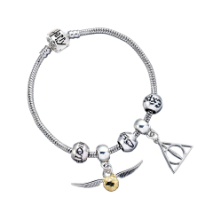 Harry Potter Silver Plated Bracelet with three Spell beads, Deathly Hallows & Snitch Charms- HP0090